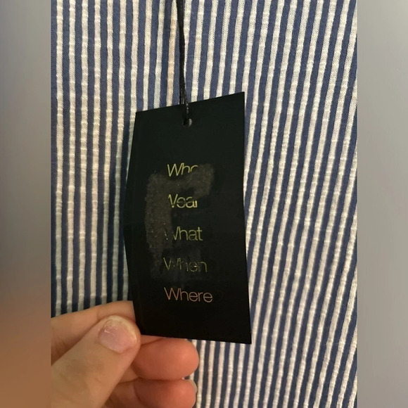 NWT W5 || Blue & White Ribbed Short Sleeve Top Button Accent Boxy Made in 🇺🇸 - Picture 3 of 7